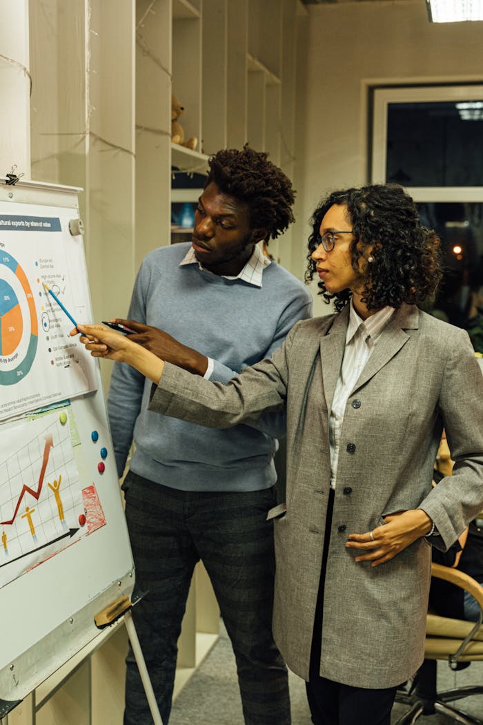 Two professionals discussing data charts on a flip chart in an office setting, emphasizing teamwork and collaboration.